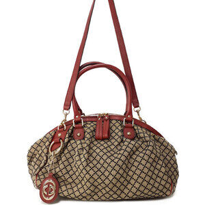 Gucci Red Beige Diamante Canvas Leather Sukey Boston Bag